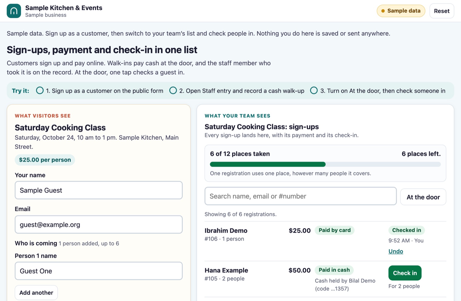 Manara's interactive demo with sample data, marked Sample data: a Saturday Cooking Class at $25 per person, with the public sign-up form on one side and the team's list of sign-ups with payment and check-in on the other