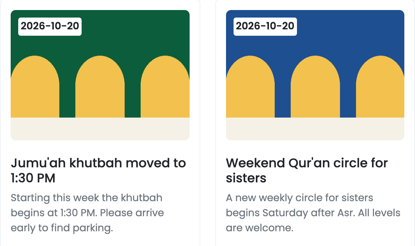 Manara dashboard Announcements screen with two sample posts: Jumu'ah khutbah moved to 1:30 PM, and a weekend Qur'an circle for sisters