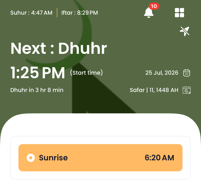 Burlington Masjid app home showing next prayer Dhuhr at 1:25 PM, time remaining, suhur and iftar times, and the Hijri date