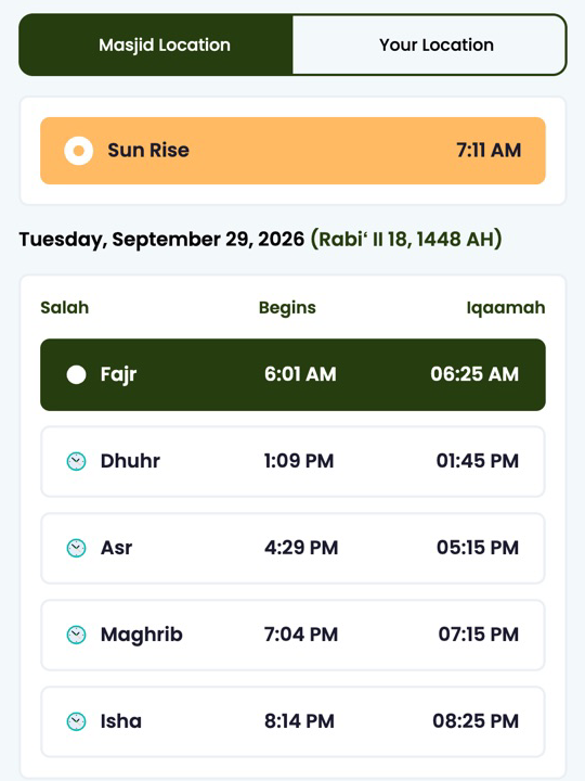 Burlington Masjid website prayer times card showing begin and iqaamah times for Fajr, Dhuhr, Asr, Maghrib and Isha, with the Hijri date
