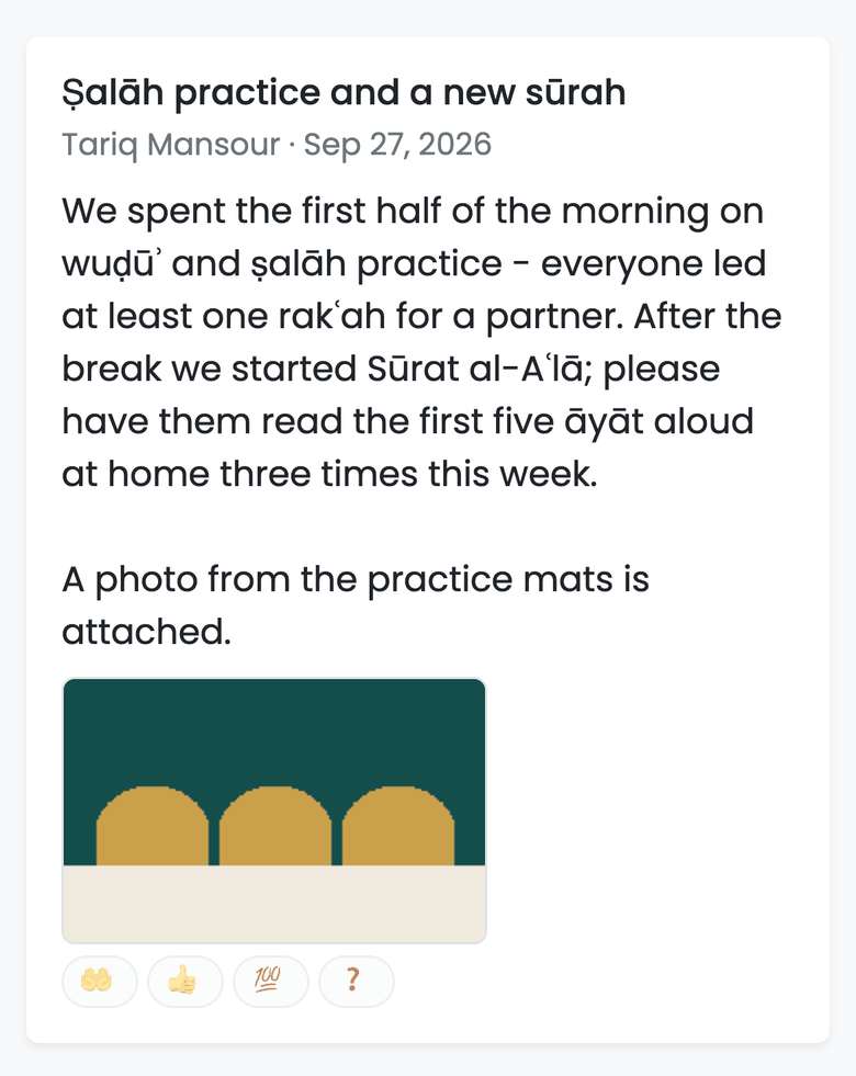 The same class post on a parent's phone: the teacher's note about salah practice and a new surah, with an attached picture and reaction buttons